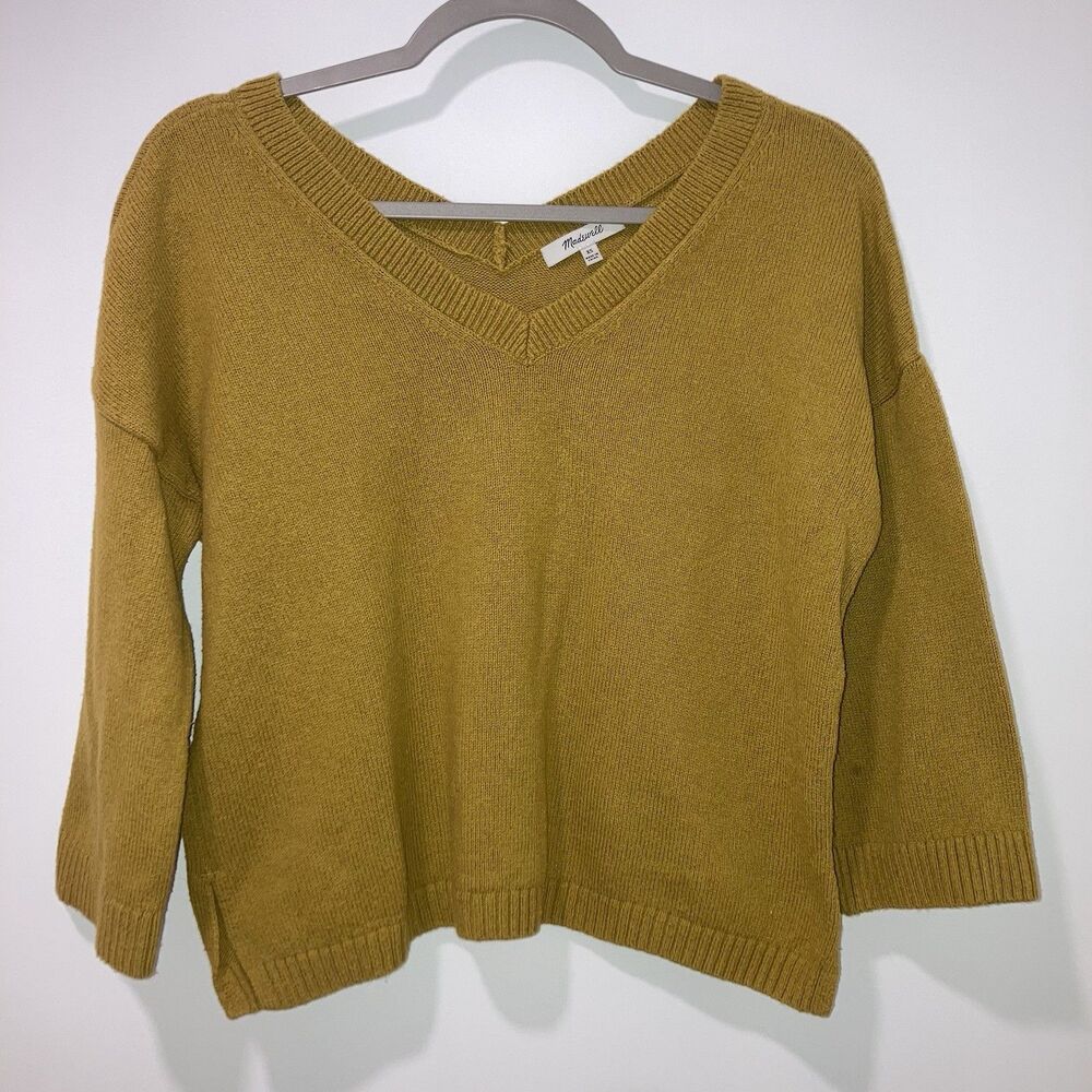 Madewell Double V Neck 3/4 Sleeve Cotton Blend Knit Sweater XS Mustard Yellow